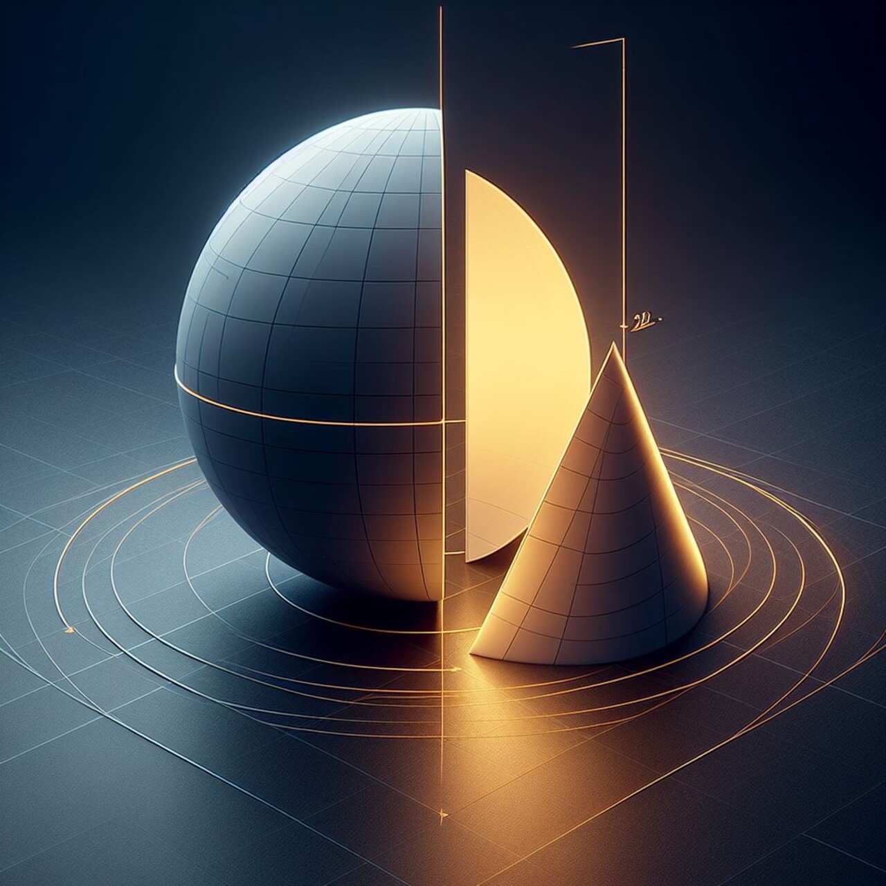 The volume of a cone can be calculated by algebraically comparing the volume of a vertical quadrant of a cone with equal radius and height to an octant sphere with equal radius, through a quadrant cylinder. Volume = base × height / √8